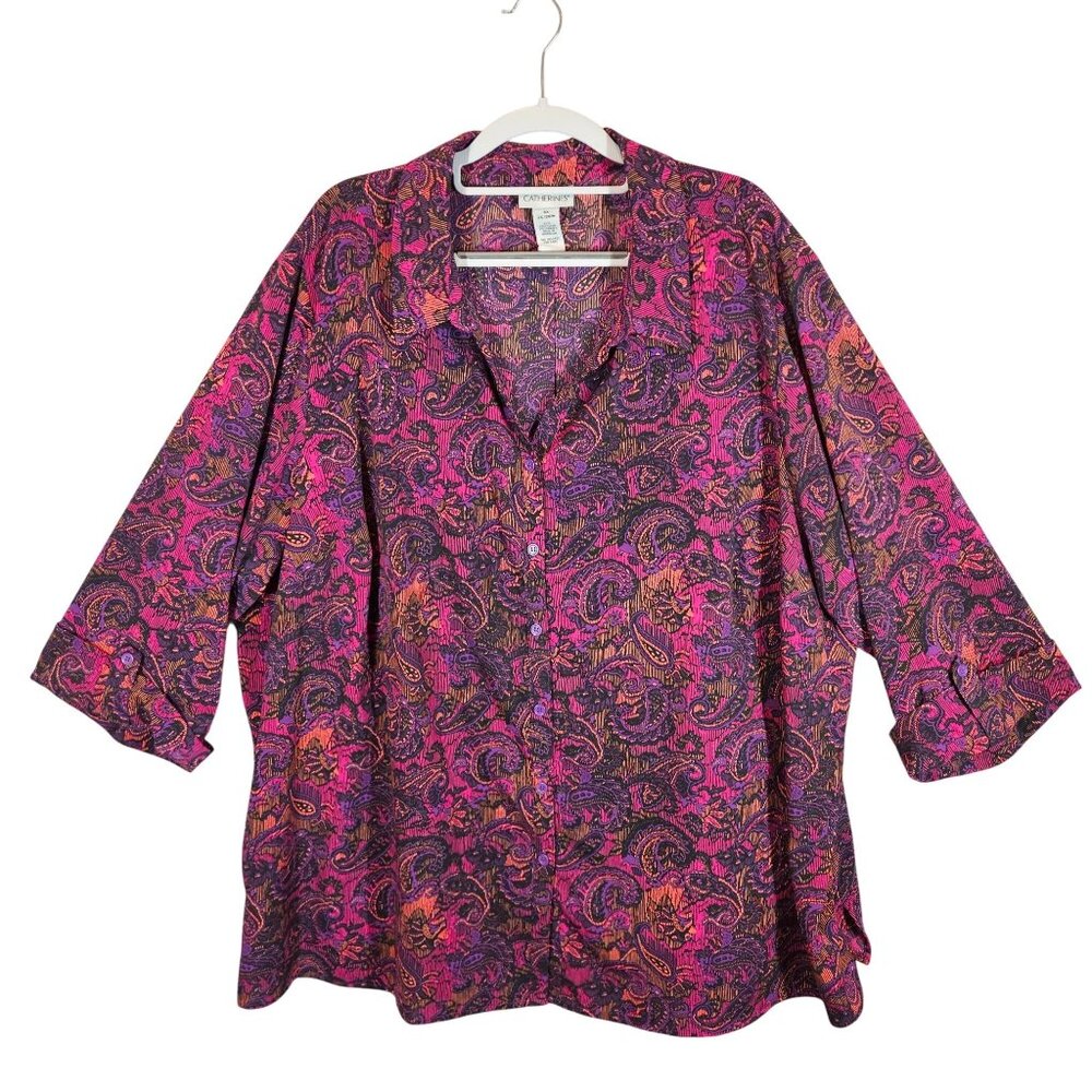 Catherines Blouse Womens 3X Colorful Paisley Button-Up tunic career office bold
